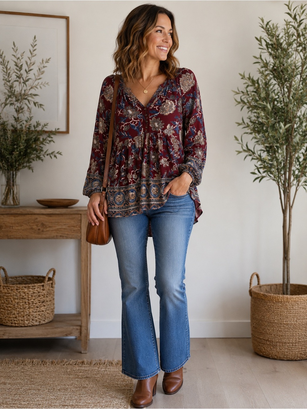 Lucky Brand Burgundy Floral V-Neck Peasant Blouse PTP 20